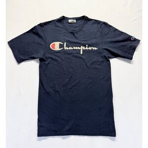 Vintage Champion T Shirt Men Small Navy Blue Graphic Spellout Script Logo Cotton